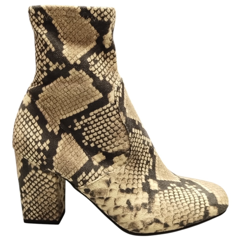Steve Madden Ankle Bootie Womens US 7.5M Black Tan Snakeskin Print Side Zipper‎